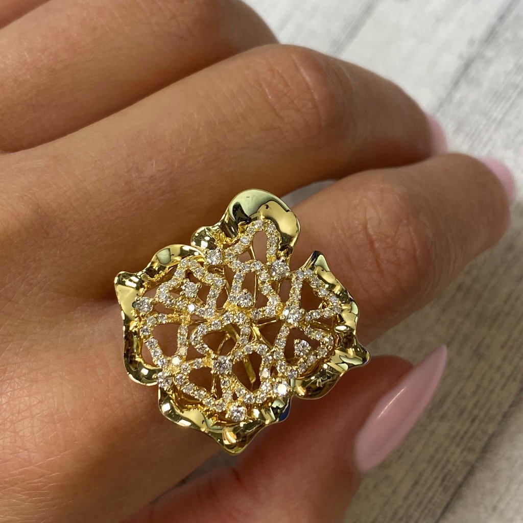 Rachel Koen Large Floral Diamond Cocktail Ring 18k Yellow Gold 0.75cttw